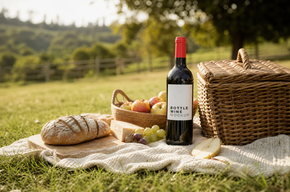 AI product photography — red wine bottle in outdoor lifestyle picnic scene