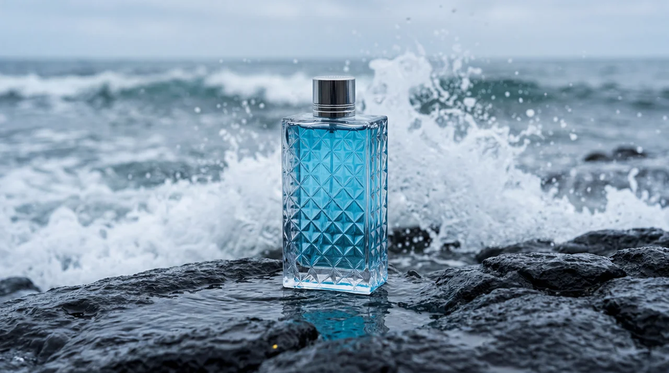AI product photography — fragrance bottle on coastal rocks lifestyle composite