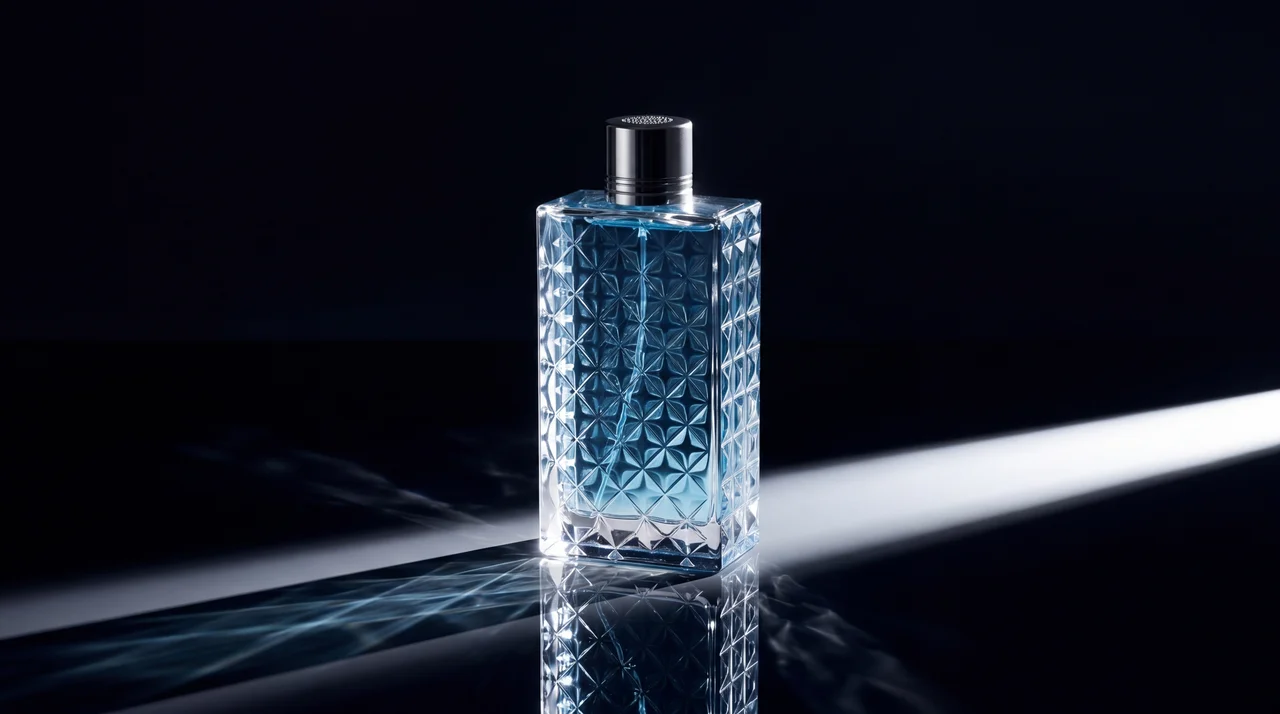 AI product photography — faceted blue fragrance bottle with directional studio lighting