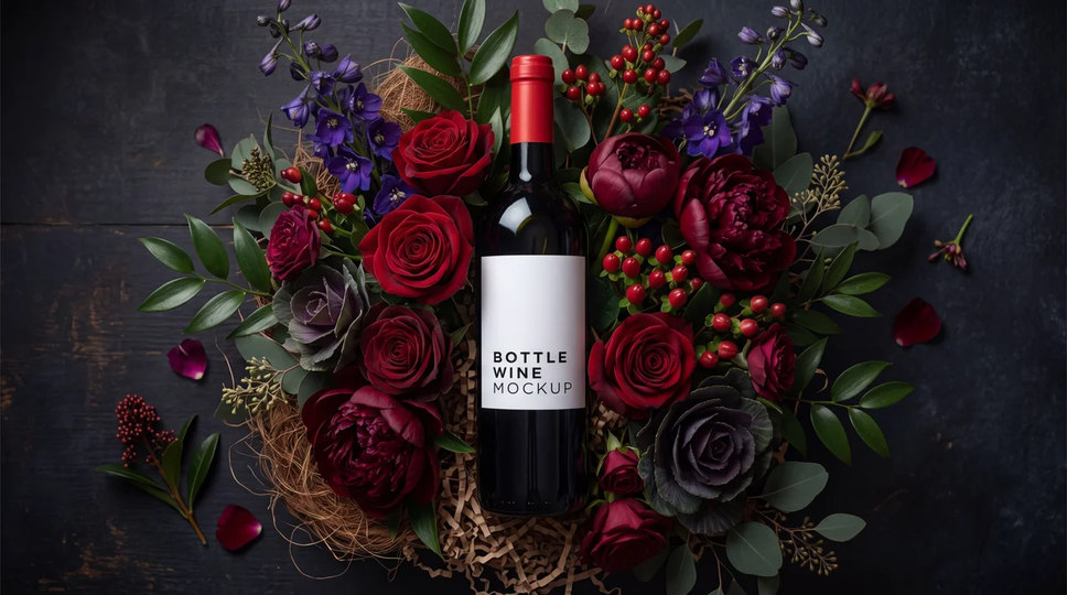 AI product photography — red wine bottle in deep crimson floral editorial